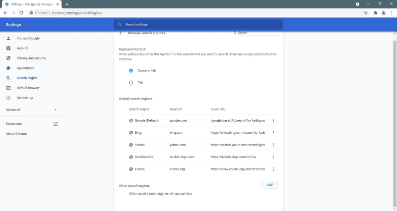 Google chrome Manage search engine settings - تنظیمات موتور جستجوی گوگل کروم