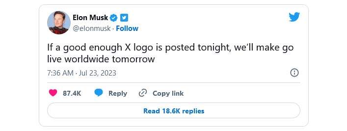 توییت ایلان ماسک در مورد لوگوی ایکس - if a good enough x logo is posted tonight, we'll make go live worldwide tomorrow