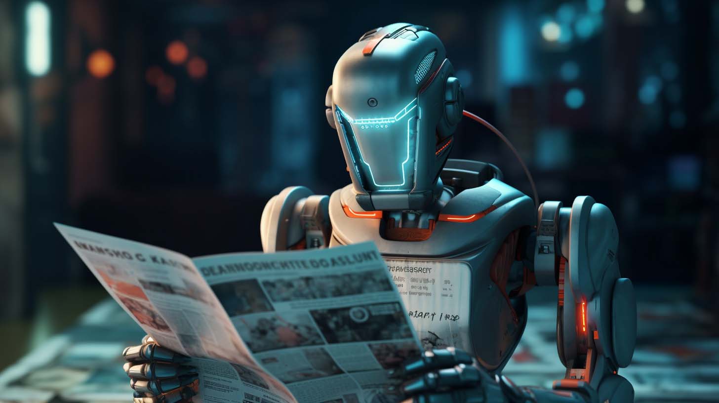 ربات هوش مصنوعی در حال خواندن اخبار در روزنامه