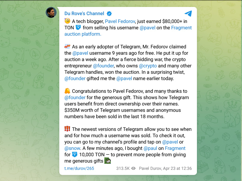 پست پاول دوروف در کانال تلگرامی خود - درباره خرید و فروش هندل و آیدی های تلگرام در پلتفرم فرگمنت