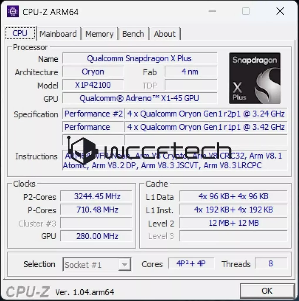 نتایج بنچمارک تراشه کوالکام اسنپدراگون ایکس پلاس ۸ هسته ای در CPU-Z