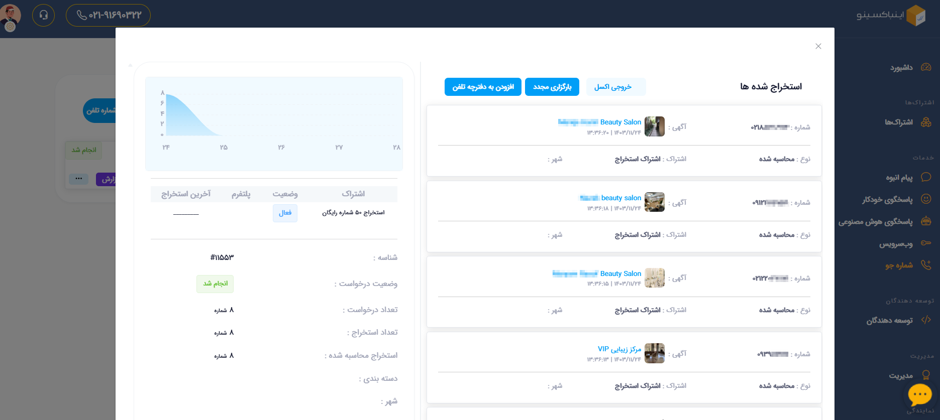 نمونه شماره‌های استخراج شده در پنل اینباکسینو