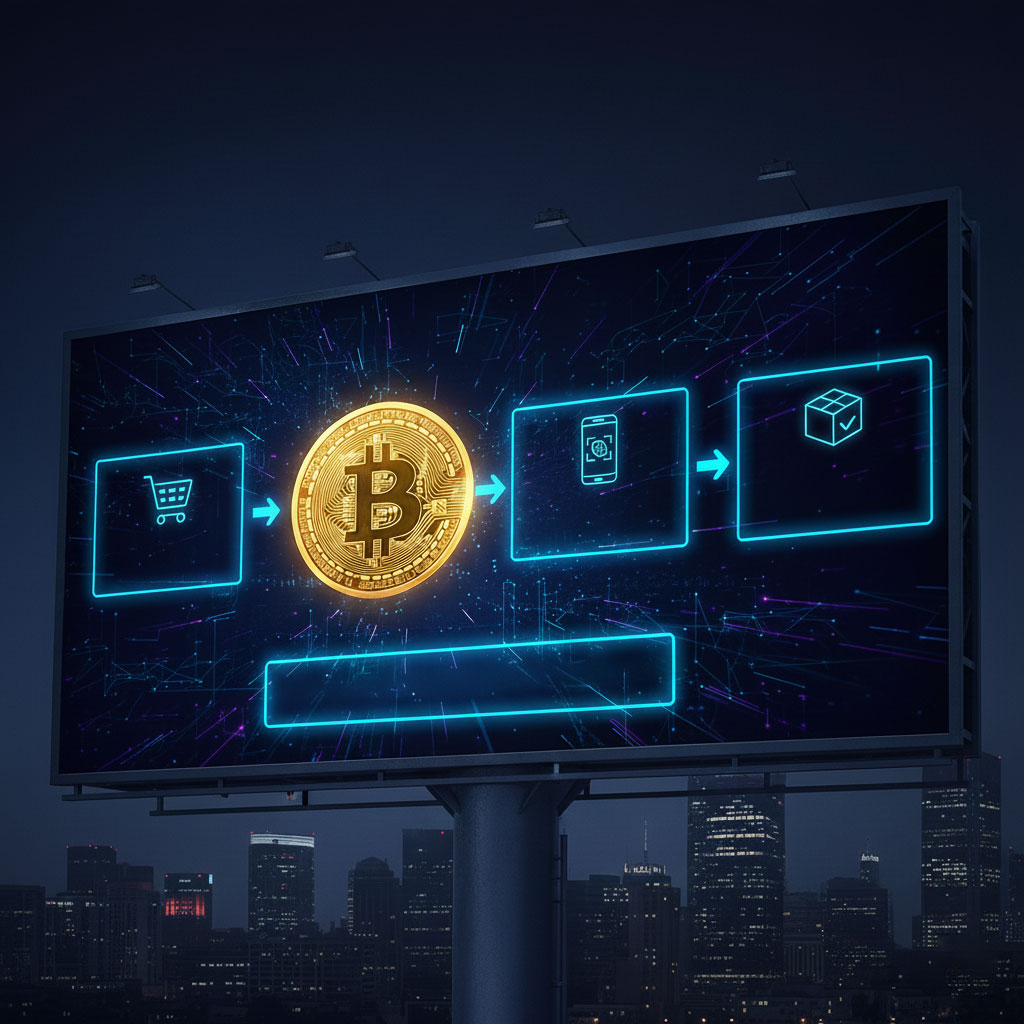 بیلبوردی با پس‌زمینه شهری در شب که مراحل انجام خرید آنلاین با بیت‌کوین را به صورت شماتیک و تصویری نشان می‌دهد. این تصویر مجموعه‌ای از آیکون‌های متوالی از انتخاب فروشگاه، انتقال بیت‌کوین (BTC) از کیف پول، اسکن کد QR، تأیید تراکنش و در نهایت تکمیل خرید را به نمایش می‌گذارد.