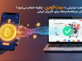 بنر گرافیکی خرید آنلاین با بیتکوین؛ نمایش انتقال ارز دیجیتال از کیف پول موبایلی به فروشگاه اینترنتی با نماد تیک سبز موفقیت.