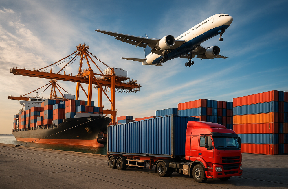 تصویر خلاقانه از فرآیند حملونقل بینالمللی شامل کشتی کانتینری، هواپیمای در حال پرواز و کامیون باربری، نمادی از مراحل مختلف حمل بار از چین