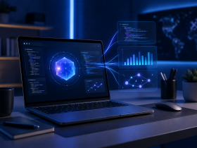 تصویر مفهومی Gemini AI گوگل با محیط کدنویسی و تحلیل داده