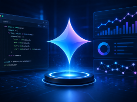 تصویر مفهومی Gemini AI گوگل با نمایش کدنویسی، تحلیل داده، داشبوردهای هوش مصنوعی و محیط فناوری مدرن