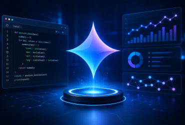تصویر مفهومی Gemini AI گوگل با نمایش کدنویسی، تحلیل داده، داشبوردهای هوش مصنوعی و محیط فناوری مدرن